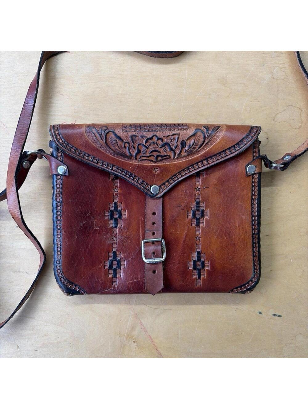 Vintage Tooled Leather Crossbody Bag Western Style Handmade Brown Floral Pattern